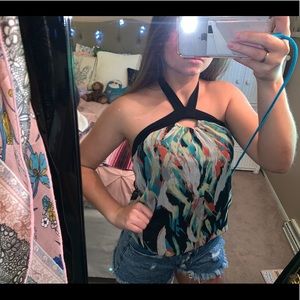 Guess Halter Tie Neck Multicolored Sheer Tank Top